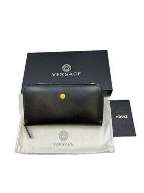 Versace Medusabigi Emblem Leather Zip Around with Logo Wallet Black